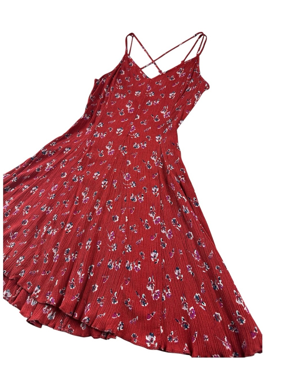 American Eagle Ditsy Floral Ribbed Mini Dress 10 Criss Cross Back Fit Flare - Picture 3 of 9